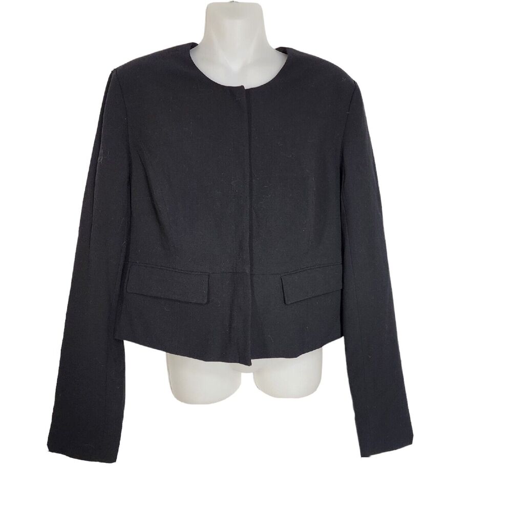 A New Day Womans Jacket Sz 8 Black Collarless Snap Front Crop Lined Shoulder Pad